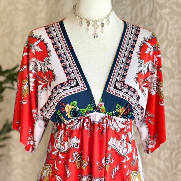 NWOT Miss Mima Red White‎ Blue Bandana Paisley Tunic Boho Hippie Retro Size S - Picture 2 of 8